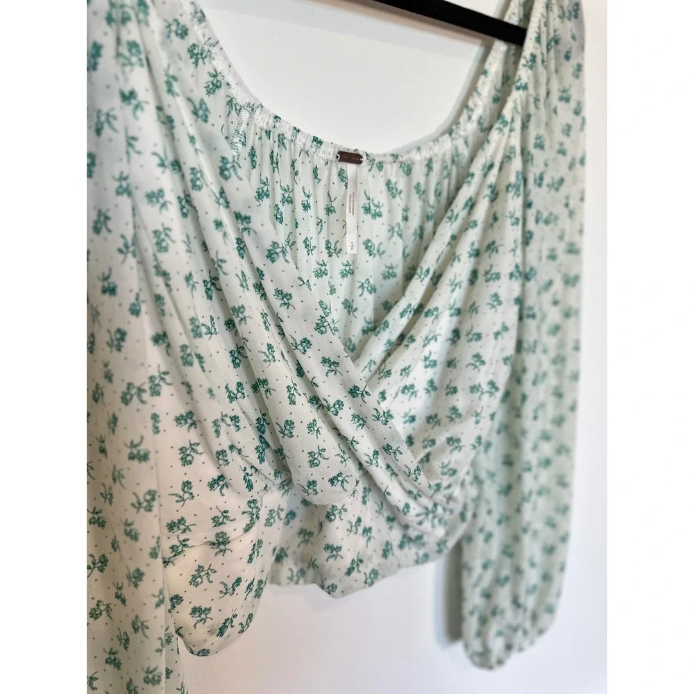 Free People Fia Wrap Top Women Boho Small White Green Floral Mesh Cottagecore